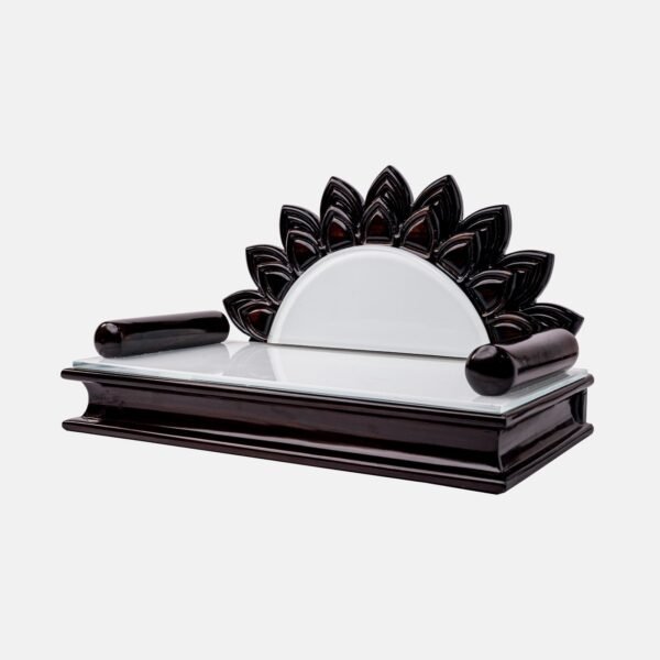 Handcrafted teak wood devpaat with a natural wood-grain seat and a dark walnut sunburst-carved backrest, a premium spiritual product by Creata Poojaghar.