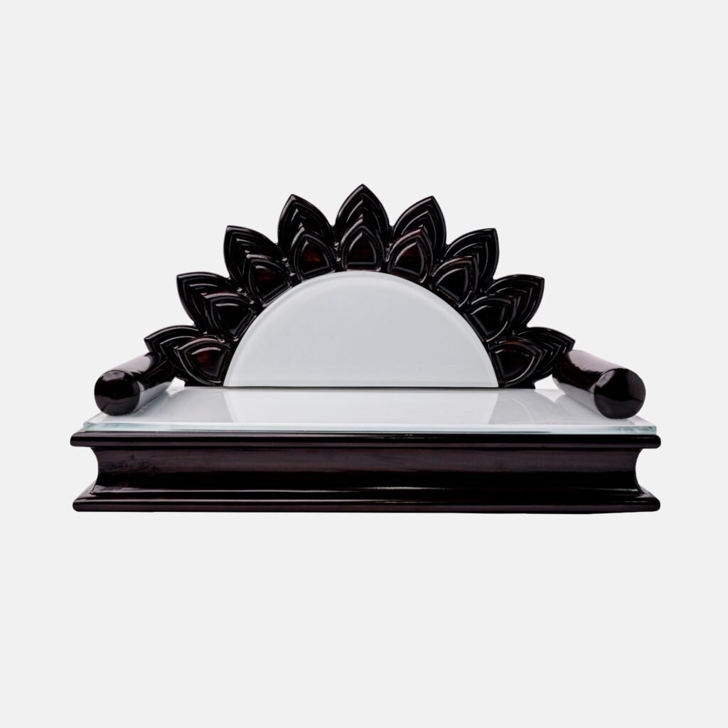 Handcrafted teak wood devpaat with a natural wood-grain seat and a dark walnut sunburst-carved backrest, a premium spiritual product by Creata Poojaghar.