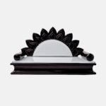 Handcrafted teak wood devpaat with a natural wood-grain seat and a dark walnut sunburst-carved backrest, a premium spiritual product by Creata Poojaghar.