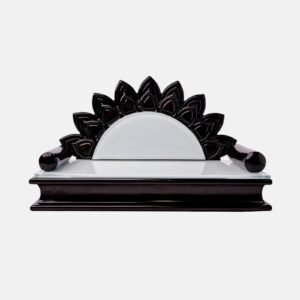 Handcrafted teak wood devpaat with a natural wood-grain seat and a dark walnut sunburst-carved backrest, a premium spiritual product by Creata Poojaghar.