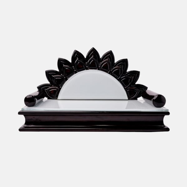 Handcrafted teak wood devpaat with a natural wood-grain seat and a dark walnut sunburst-carved backrest, a premium spiritual product by Creata Poojaghar.